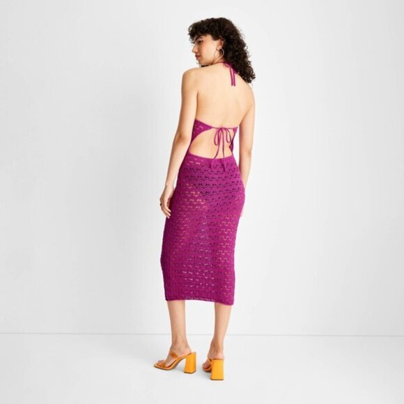 NEW Future Collective™ Women's Pink Halter Tie Neck Open Knit Sweater Dress - Picture 3 of 7